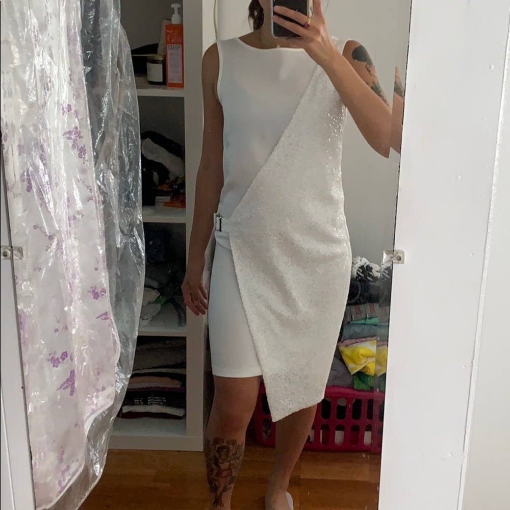 ASOS white dress with sequin wrap paneling